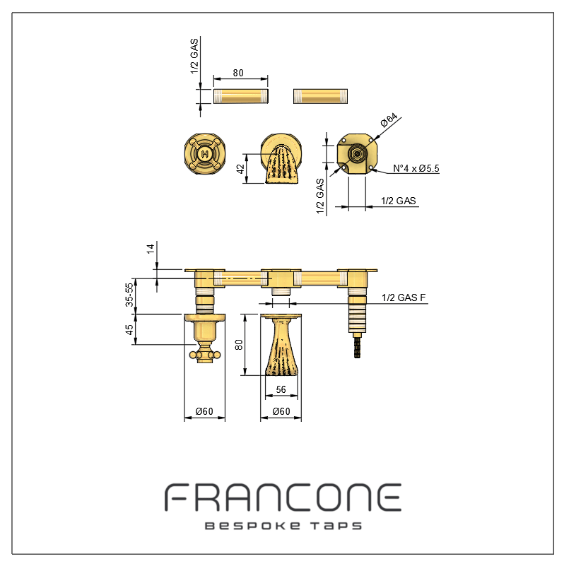 Technical drawing with dimensions for the Francone BT31 wall-mounted solid brass waterfall faucet.