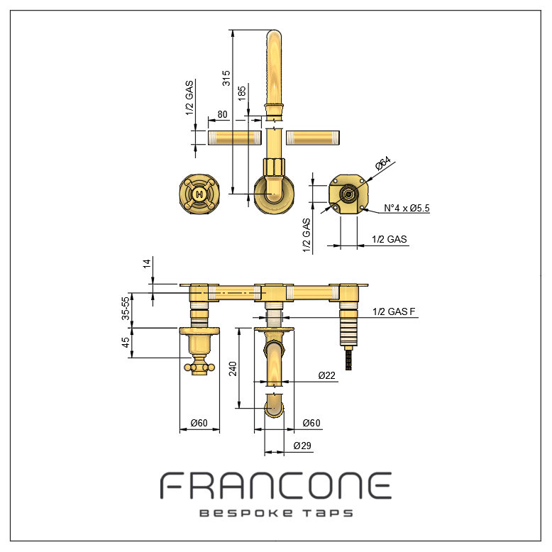 Technical drawing with dimensions for the Francone BT32 traditional wall-mounted bathroom faucet with swivel spout.