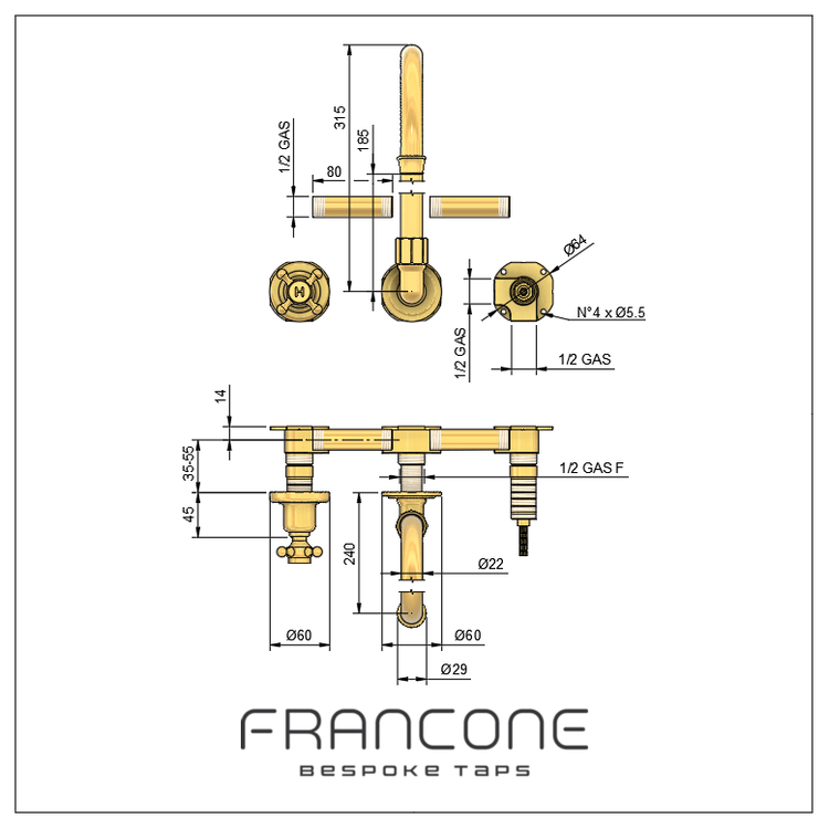 Technical drawing with dimensions for the Francone BT32 traditional wall-mounted bathroom faucet with swivel spout.