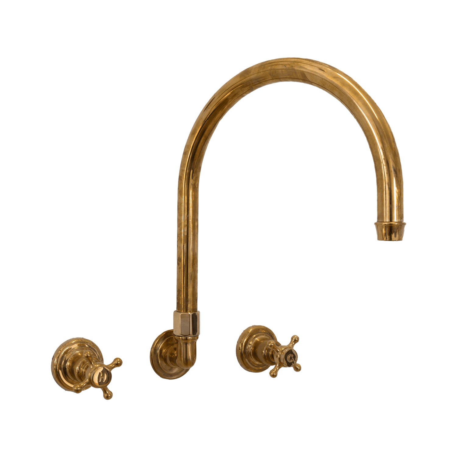 Francone BT32 wall mounted three-hole tap with a curved swivel spout and two hot and cold cross handles in solid brass.