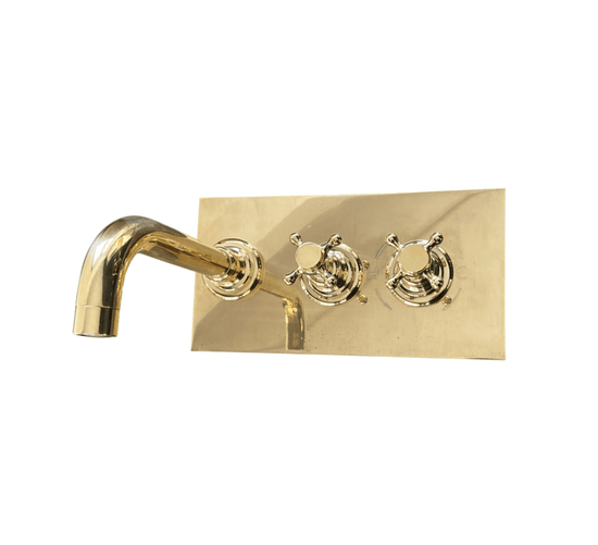Traditional Francone BT33T wall-mounted brass basin faucet with cross handles on a backing plate.