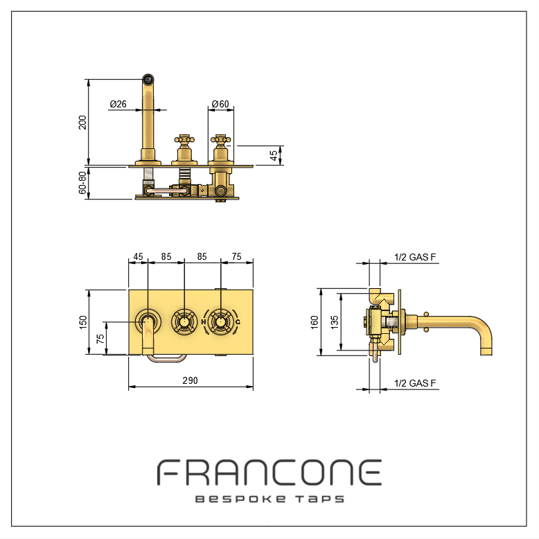 Technical drawing with dimensions for the Francone BT33T wall-mounted solid brass thermostatic bath and basin tap.