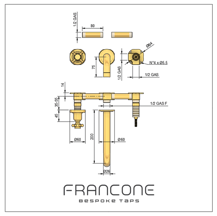 Technical drawing with dimensions for the Francone BT34 traditional wall-mounted bathroom basin tap and faucet.