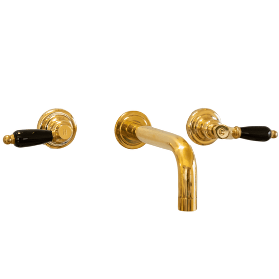 Francone BT34C wall-mounted solid brass faucet with black ceramic lever handles.