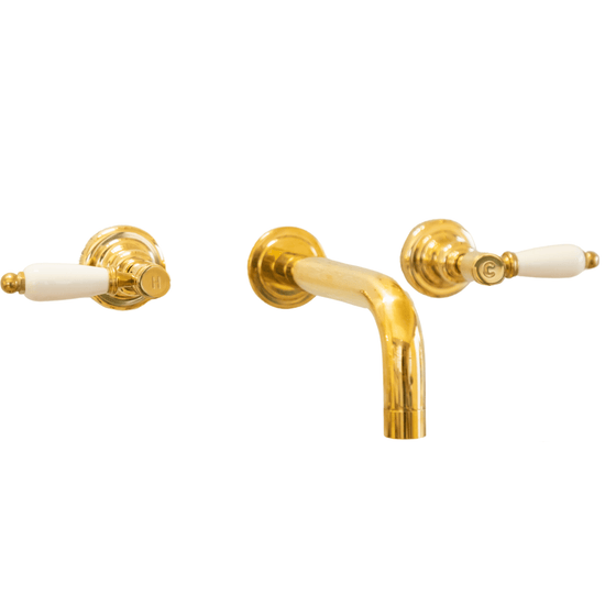 Francone BT34C traditional wall-mounted brass bathroom tap faucet with white ceramic lever handles.
