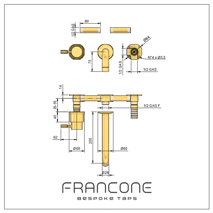 Technical drawing with dimensions for the Francone BT34H wall mounted solid brass bathroom faucet taps.