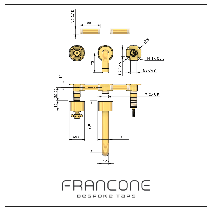 Technical drawing with dimensions for the Francone BT34M solid brass wall-mounted bathroom faucet.
