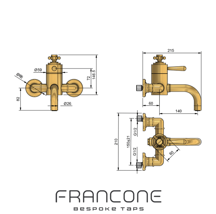 Technical drawing with dimensions for the Francone BT34T wall mounted thermostatic tap, a solid brass bathroom faucet.