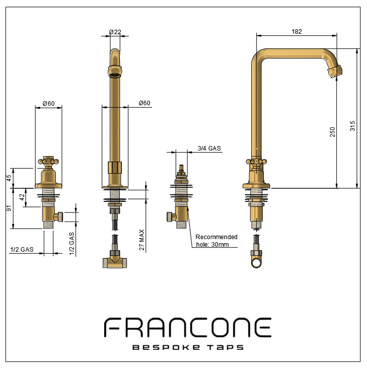 Technical drawing with dimensions for the Francone BT38 deck-mounted traditional bathroom tap faucet.