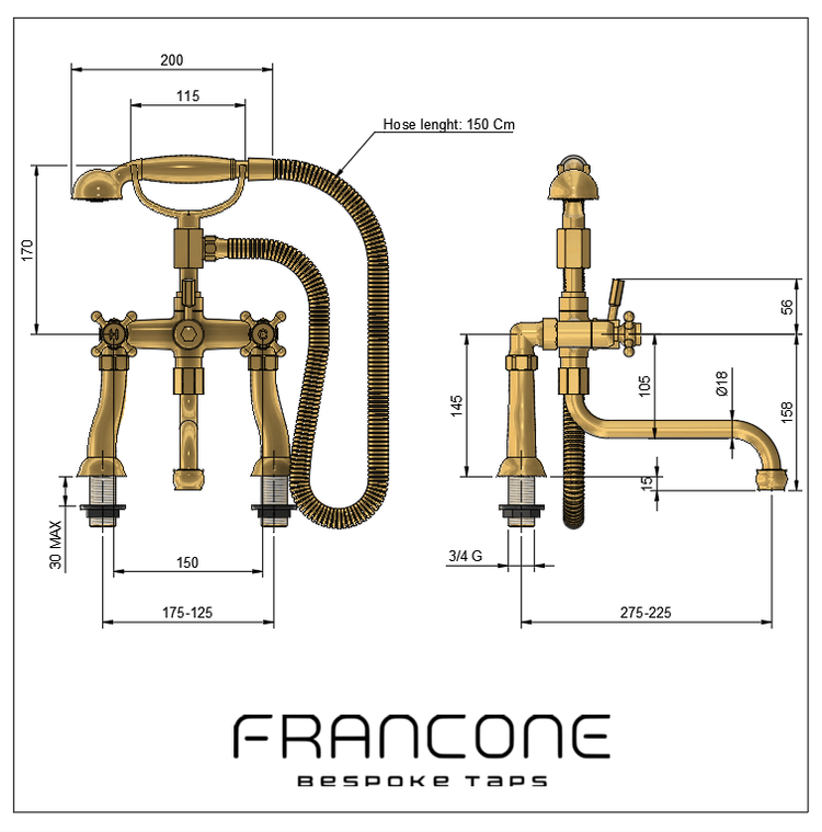 Technical drawing with dimensions for the Francone BT3D traditional solid brass bathroom bath filler tap and faucet.