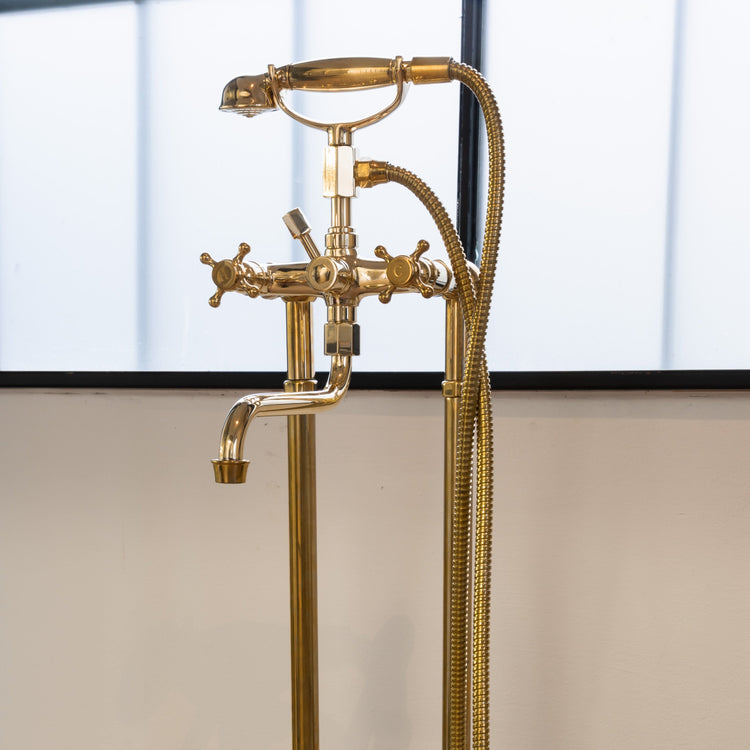 Traditional Francone BT3F unlacquered brass floor-mounted bath filler faucet with hand shower, made in Italy.