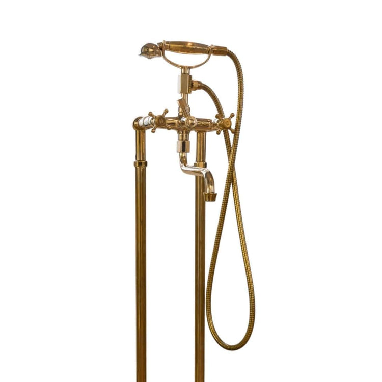 Traditional unlacquered brass floor-mounted bath filler faucet, Francone BT3F with hand shower and swivel spout.