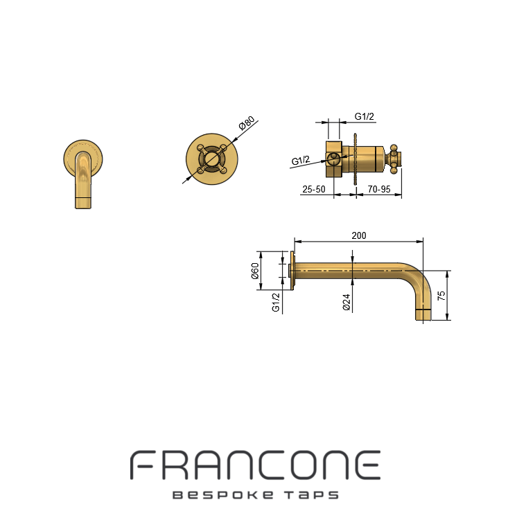 Technical drawing with dimensions for the Francone BT4 wall-mounted bathroom tap and progressive mixer faucet.