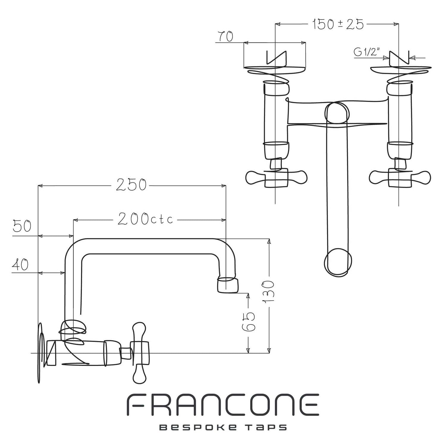 Francone BT40 wall mounted traditional hot and cold tap technical drawing with dimensions.