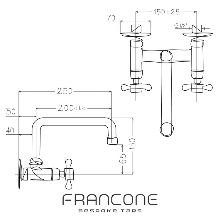 Francone BT40 wall mounted traditional hot and cold tap technical drawing with dimensions.