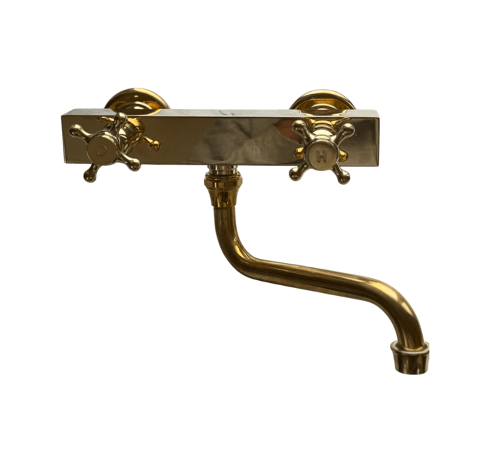Traditional Francone BT41Q wall-mounted kitchen faucet in unlacquered brass with a quadratic body.