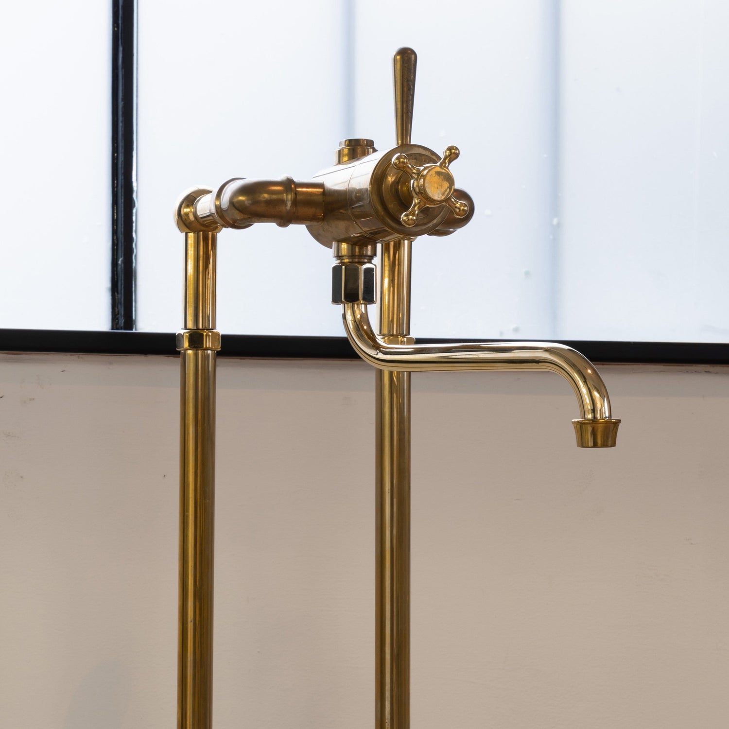 Traditional Francone BT41TF unlacquered brass floor-mounted thermostatic bath tap, handcrafted in Italy.