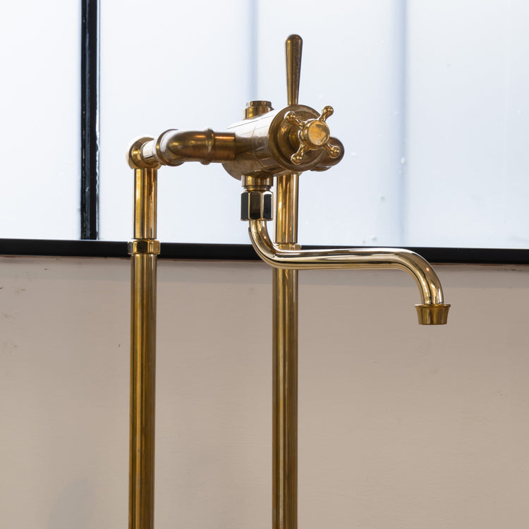 Traditional Francone BT41TF unlacquered brass floor-mounted thermostatic bath tap, handcrafted in Italy.