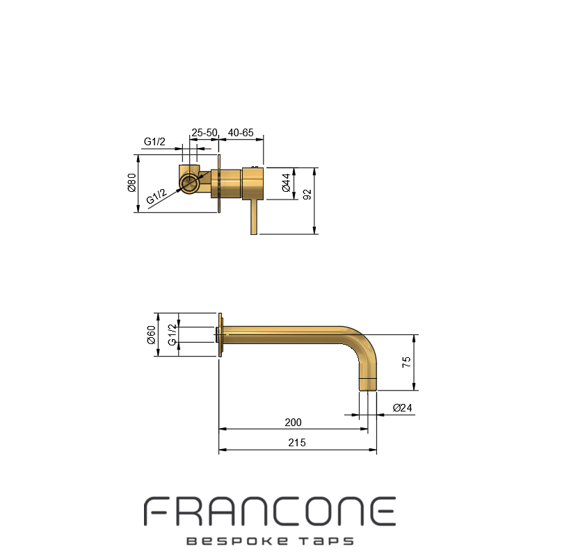 Technical drawing with dimensions for the Francone BT42 wall-mounted solid brass bathroom faucet.