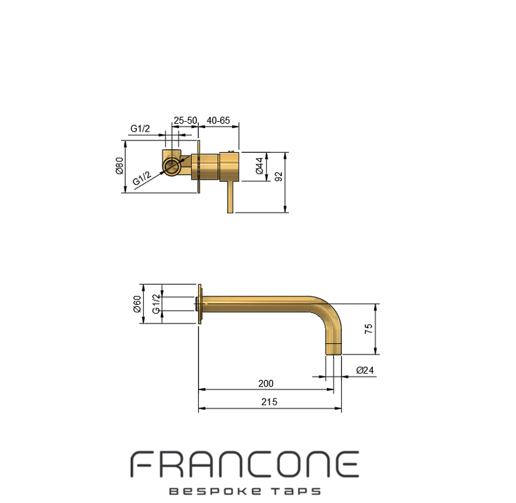 Technical drawing with dimensions for the Francone BT42 wall-mounted solid brass bathroom faucet.