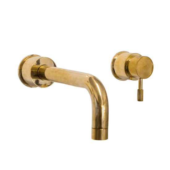 The Francone BT42 wall-mounted bathroom mixer tap, also a faucet, in solid unlacquered brass.