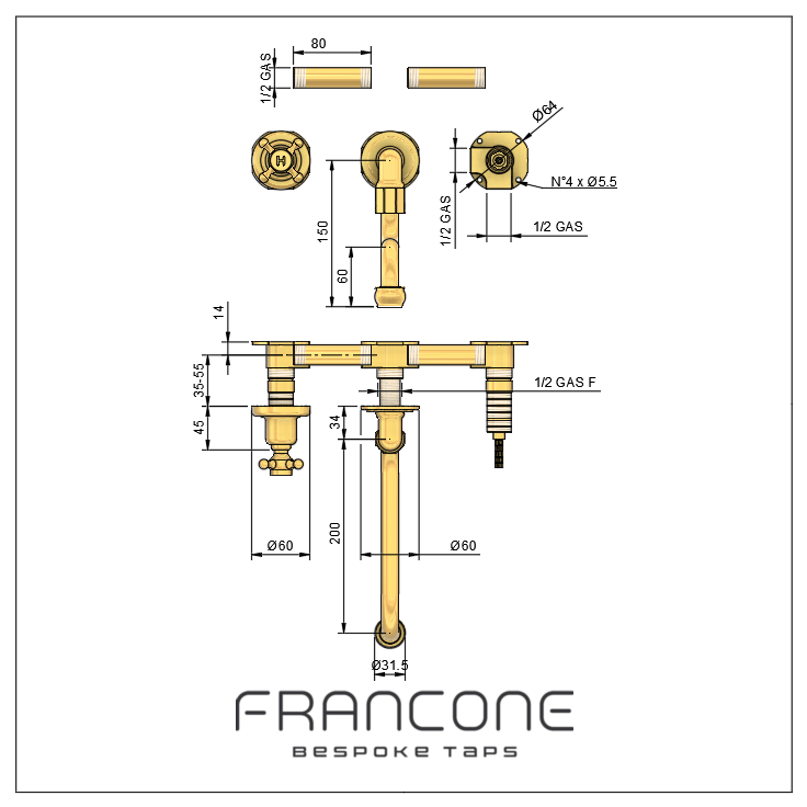 Technical drawing with dimensions for the Francone BT43 wall-mounted solid brass tap, also a faucet.