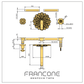 Francone BT44 wall mounted taps with an ornamental plate shown in a technical drawing with dimensions, made from unlacquered solid brass.