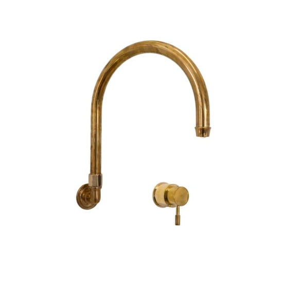 Francone BT45 wall mounted unlacquered brass bathroom faucet with a swivel spout and mixer, made in Italy.