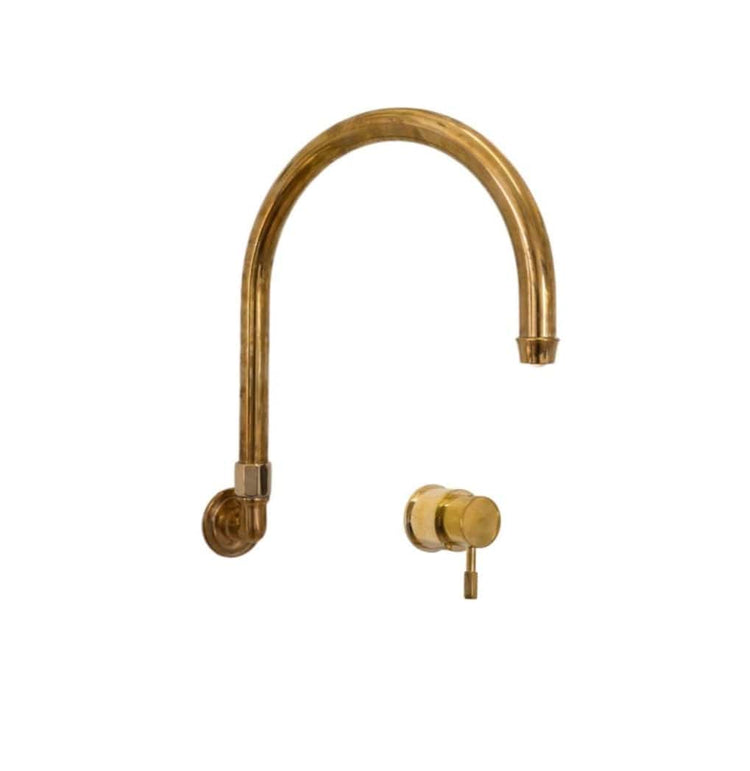 Francone BT45 wall mounted unlacquered brass bathroom faucet with a swivel spout and mixer, made in Italy.