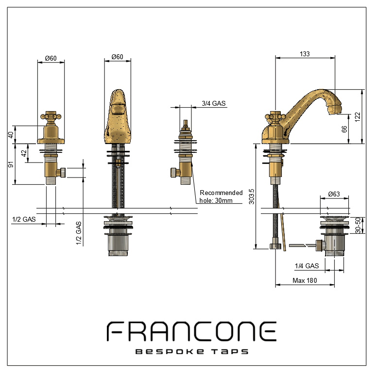 Technical drawing with dimensions for the Francone BT47 three-hole deck-mounted brass bathroom faucet.