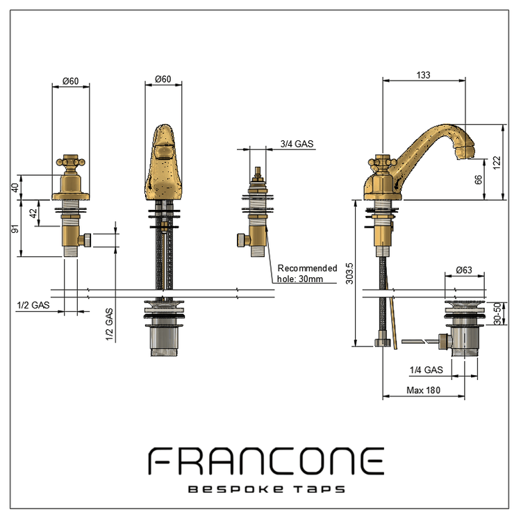 Technical drawing with dimensions for the Francone BT47 three-hole deck-mounted brass bathroom faucet.