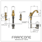 Technical drawing with dimensions for the Francone BT47 three-hole deck-mounted brass bathroom faucet.