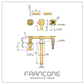 Francone BT48 three-hole wall mounted basin taps "cross" handle shown in a technical drawing with dimensions.
