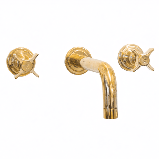 Francone BT48 three-hole wall mounted unlacquered brass basin taps with cross handles.