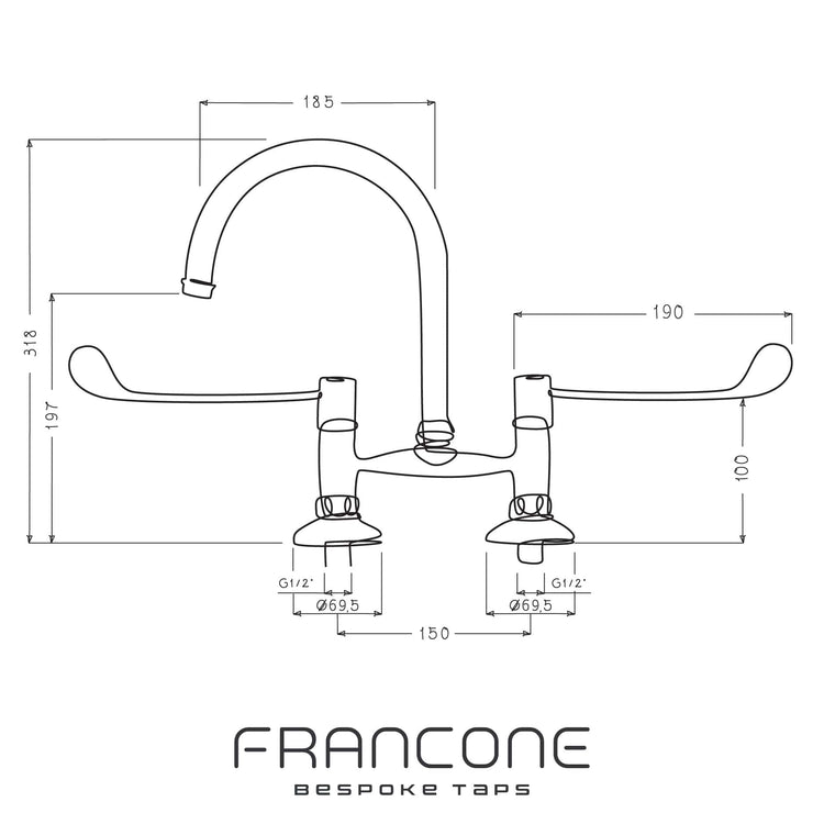 Technical drawing with dimensions for the Francone BT49L solid brass kitchen faucet with long levers.