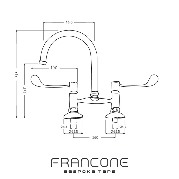 Technical drawing with dimensions for the Francone BT49LW wall-mounted brass kitchen faucet.
