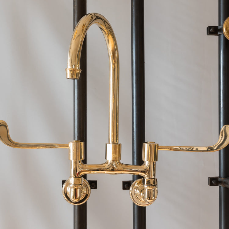 Francone BT49LW wall-mounted kitchen faucet in unlacquered brass with a curved swivel spout and long levers.