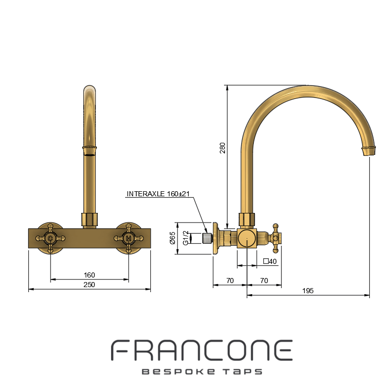 Technical drawing with dimensions of the Francone BT49Q wall-mounted solid brass kitchen tap faucet.