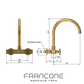 Technical drawing with dimensions of the Francone BT49Q wall-mounted solid brass kitchen tap faucet.