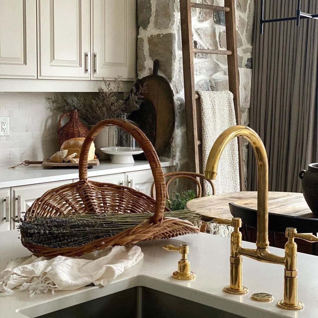 The Francone BT49R tall kitchen tap, a solid brass traditional faucet, installed in a rustic kitchen.