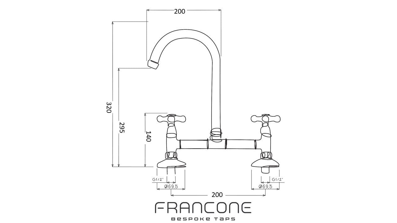 Technical drawing with dimensions for the Francone BT49S traditional kitchen tap and faucet in solid brass.