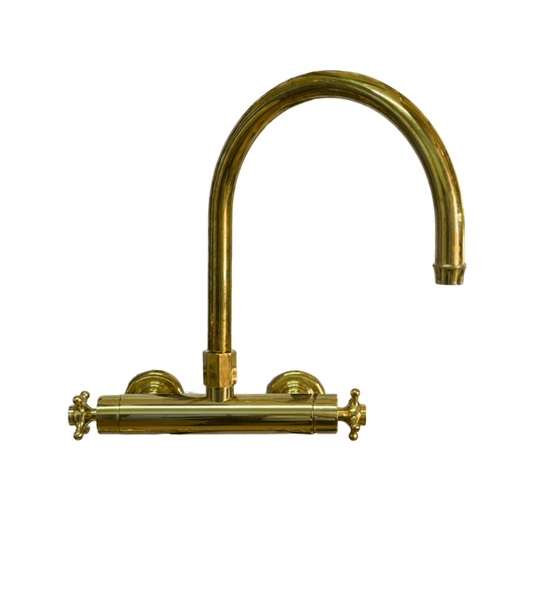 Traditional solid brass Francone BT49T thermostatic wall-mounted kitchen tap, also a faucet, with curved swivel spout.