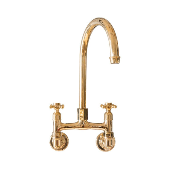 Traditional wall-mounted kitchen faucet in unlacquered brass, the Francone BT49W tap features a curved spout.