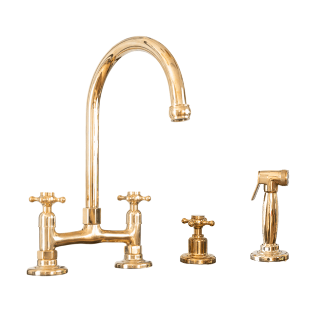 Traditional Francone BT49Y kitchen faucet in unlacquered brass with a curve swivel spout and pull-out spray.