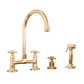 Traditional Francone BT49Y kitchen faucet in unlacquered brass with a curve swivel spout and pull-out spray.