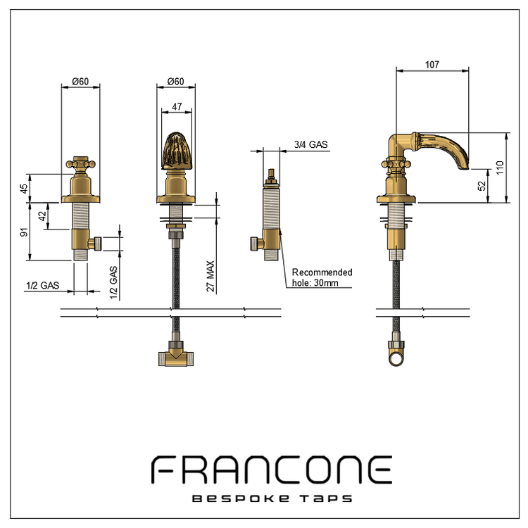 Technical drawing with dimensions for the Francone BT50 three-hole deck-mounted solid brass bath tap and faucet.