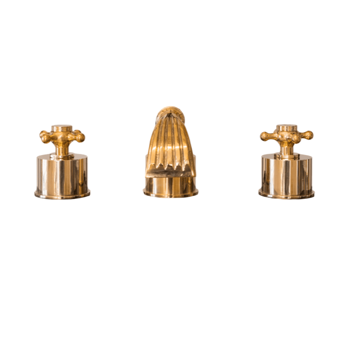Francone BT50M three-hole deck-mounted bath tap and faucet in unlacquered brass with traditional cross handles.
