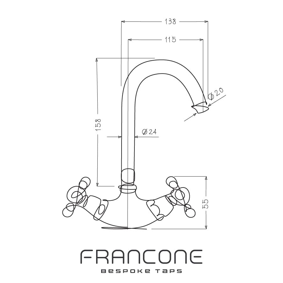 Technical drawing with dimensions for the Francone BT51 classic deck mounted solid brass bathroom tap.