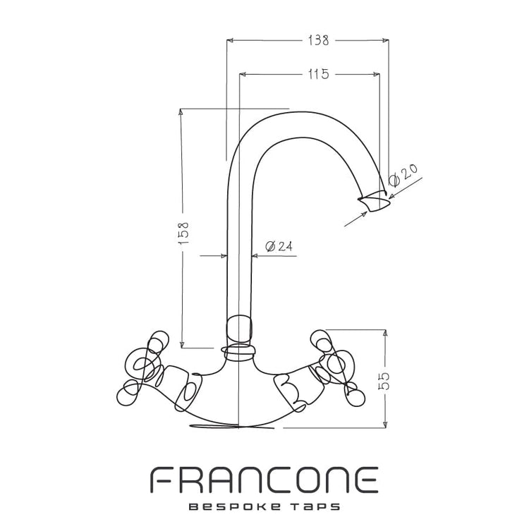 Technical drawing with dimensions for the Francone BT51 classic deck mounted solid brass bathroom tap.