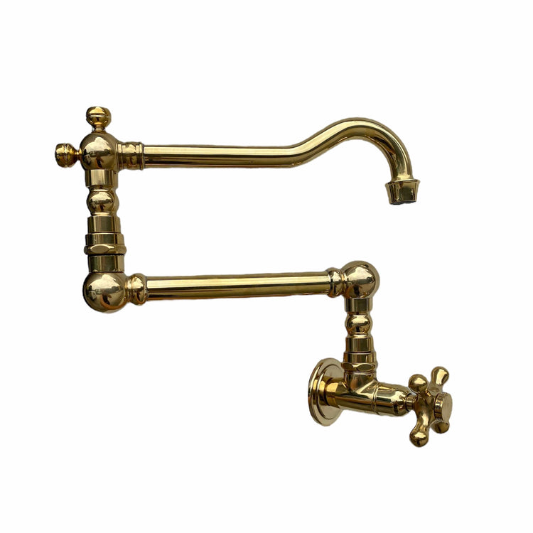 Francone BT53 traditional unlacquered brass wall-mounted pot filler kitchen faucet.